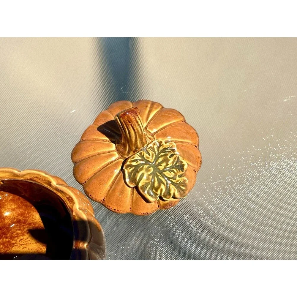 Ceramic Pumpkin Jar with Leaf on Lid Fall Harvest Thanksgiving Halloween Decor